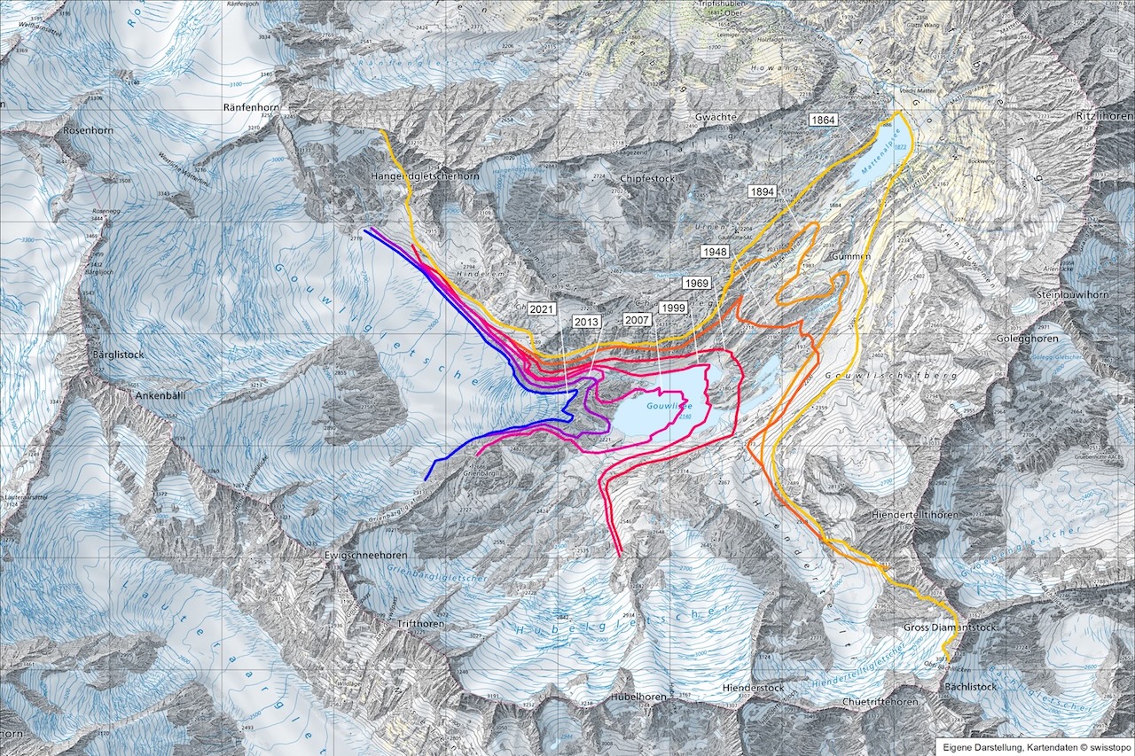Karte des Gauligletschers, das mit Linien die Ausdehnung des Gletschers an Zeitpunkten zwischen 1864 und 2021 zeigt.