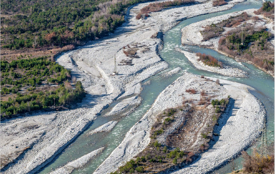 Luftaufnahme der verzweigten Rhone im Pfynwald