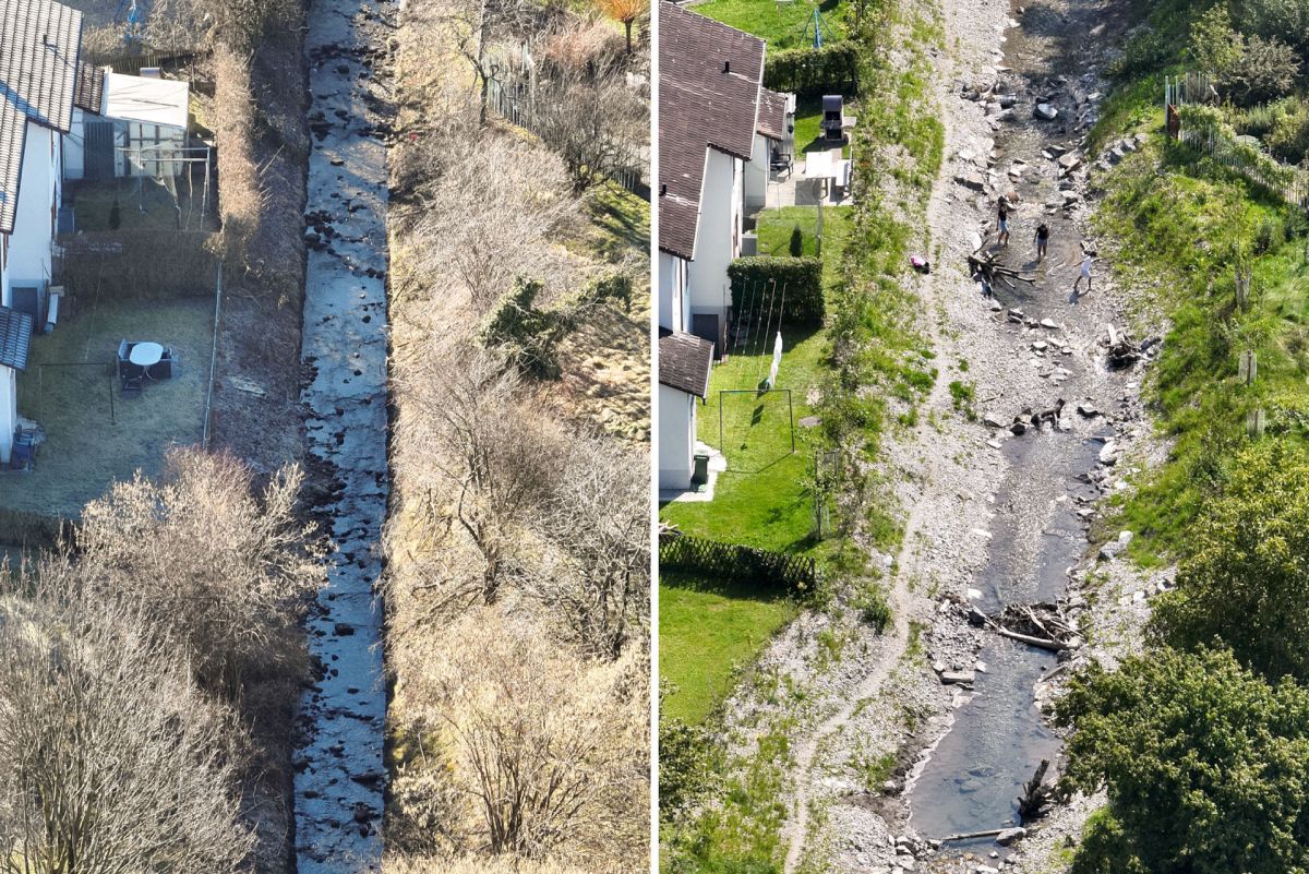 Vorher-Nachher: begradigter Bach links, revitalisierter Bach mit mehr Raum rechts.