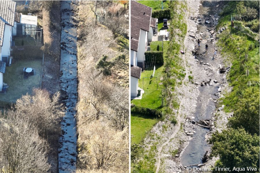 Luftaufnahmen vom Sevelerbach: Links ein gerader Kanal, rechts hat der revitalisierte Bach mehr Platz und Kinder spielen im Bach,