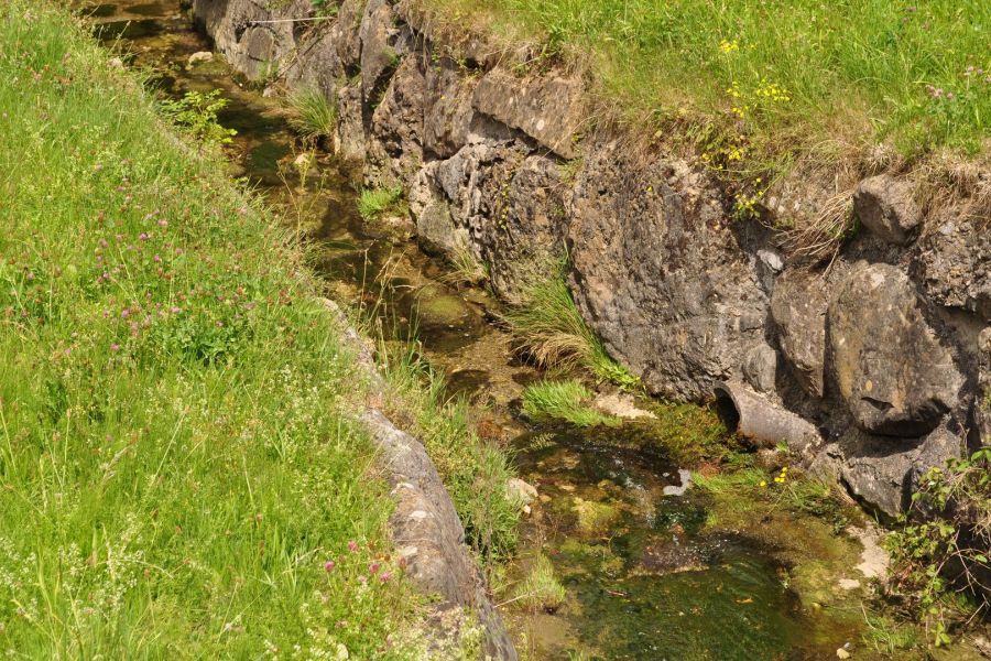 Sehr kleiner Bach, der zwischen Wiese und Steinmauer fliesst